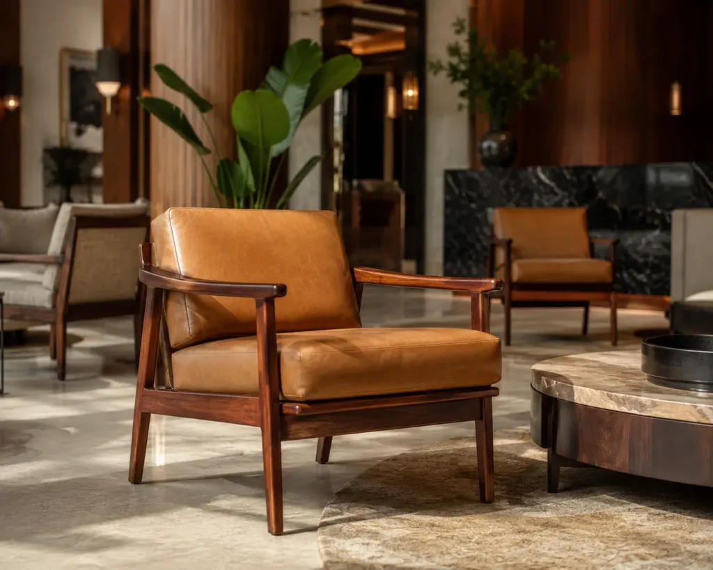 Luxury contract furniture supplier Nigeria—Handcrafted Sapele wood lounge chair for a boutique hotel lobby in Lagos Nigeria