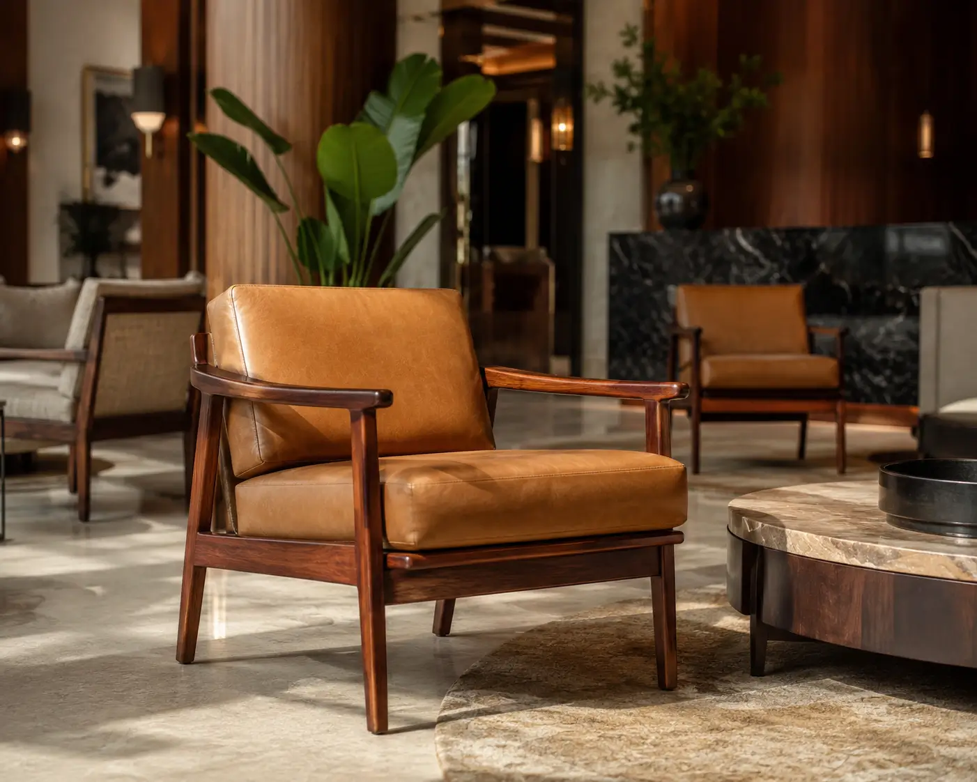 Luxury contract furniture supplier Nigeria—Handcrafted Sapele wood lounge chair for a boutique hotel lobby in Lagos Nigeria
