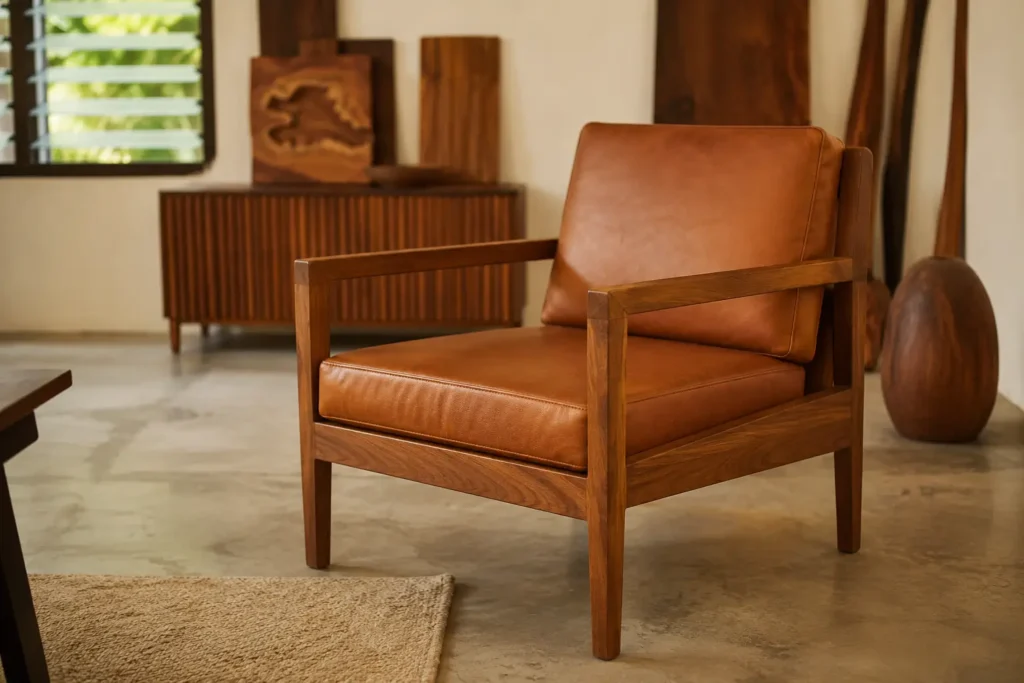 Handcrafted Iroko wood armchair from a Lagos FF&E furniture supplier in West Africa