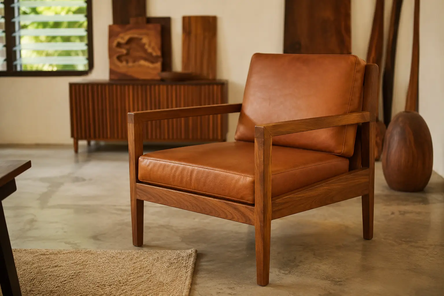 Handcrafted Iroko wood armchair from a Lagos FF&E furniture supplier in West Africa